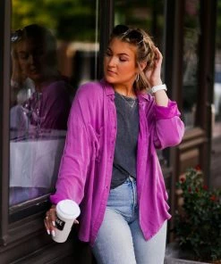 Eesome Women's Clothing Hot Pink Mineral Wash Button Down