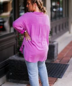 Eesome Women's Clothing Hot Pink Mineral Wash Button Down