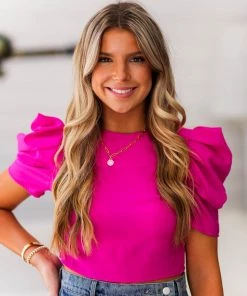 TCEC Hot Pink Puff Sleeve Open Back Blouse Women's Clothing