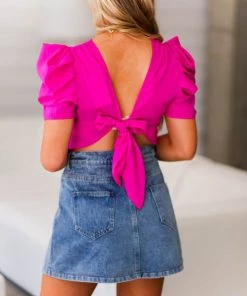 TCEC Hot Pink Puff Sleeve Open Back Blouse Women's Clothing