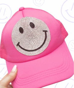 Vintage Distressed Hot Pink Rhinestone Smiley Face Trucker Hat