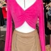 HYFVE Hot Pink Cropped Ruched Fuzzy Sweater