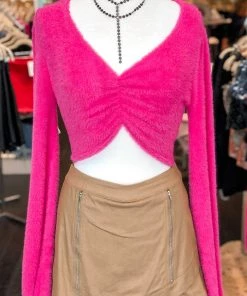 HYFVE Hot Pink Cropped Ruched Fuzzy Sweater