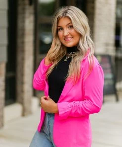 Skies Are Blue Hot Pink Ruched Sleeve Blazer Jacket Women's Clothing