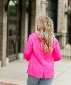 Skies Are Blue Hot Pink Ruched Sleeve Blazer Jacket Women's Clothing