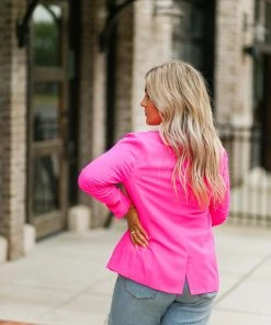 Skies Are Blue Hot Pink Ruched Sleeve Blazer Jacket Women's Clothing