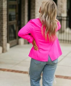 Skies Are Blue Hot Pink Ruched Sleeve Blazer Jacket Women's Clothing