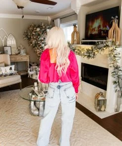 Do + Be Hot Pink Satin Puff Sleeve Cropped Blouse Women's Clothing