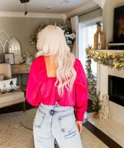 Do + Be Hot Pink Satin Puff Sleeve Cropped Blouse Women's Clothing