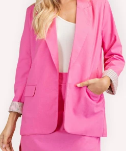 Glam Hot Pink Striped Cuffs Blazer Jacket Women's Clothing