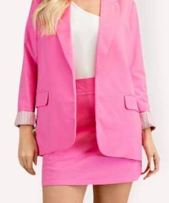Glam Hot Pink Striped Cuffs Blazer Jacket Women's Clothing 5 Glam Hot Pink Striped Cuffs Blazer Jacket Women's Clothing