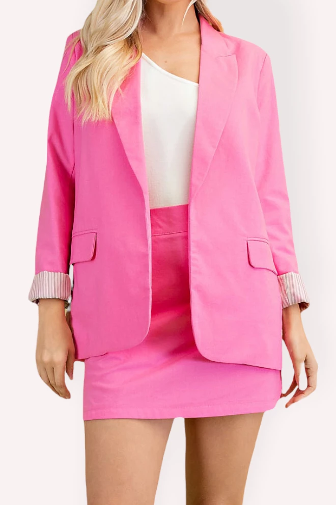 Glam Hot Pink Striped Cuffs Blazer Jacket Women's Clothing 4 Glam Hot Pink Striped Cuffs Blazer Jacket Women's Clothing