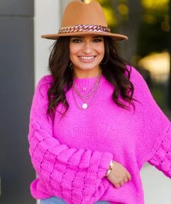 & Merci Hot Pink Textured Sleeve Sweater Women's Clothing