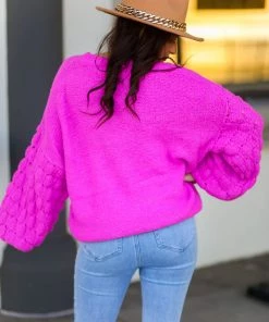 & Merci Hot Pink Textured Sleeve Sweater Women's Clothing