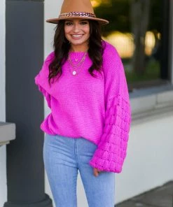 & Merci Hot Pink Textured Sleeve Sweater Women's Clothing