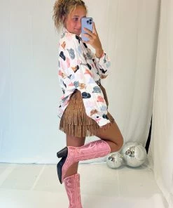 Nylon Apparel Camel Metallic Belted Fringe Skirt