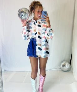 Nylon Apparel Royal Blue Metallic Belted Fringe Skirt