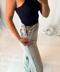 Blu Blush Grey High Waisted Chain Detail Jeans