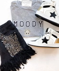 Vintage Distressed Moody Rhinestone Smiley Face Graphic Tee Women's Clothing