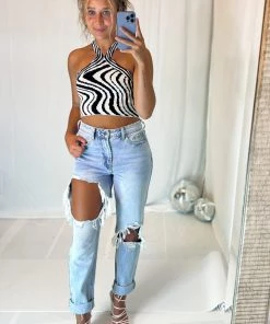 Blue Blush Women's Clothing White And Black Halter Neck Knit Top