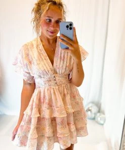 Storia Blush Floral Pattern Ruffle Dress