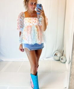 Storia Women's Clothing Butterfly Puff Sleeve Babydoll Blouse