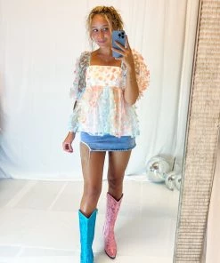 Storia Women's Clothing Butterfly Puff Sleeve Babydoll Blouse