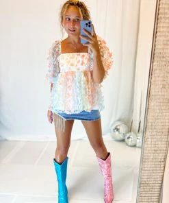 Storia Women's Clothing Butterfly Puff Sleeve Babydoll Blouse