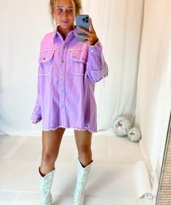 Fantastic Fawn Women's Clothing Purple Sequin Fringe Star Denim Jacket