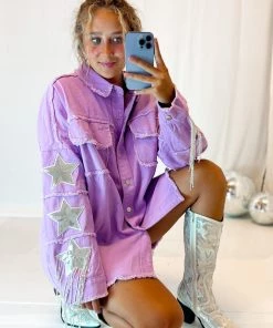 Fantastic Fawn Women's Clothing Purple Sequin Fringe Star Denim Jacket