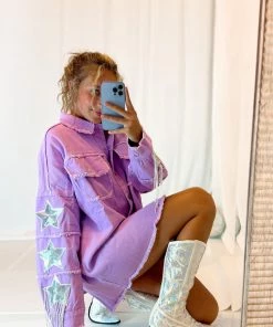 Fantastic Fawn Women's Clothing Purple Sequin Fringe Star Denim Jacket