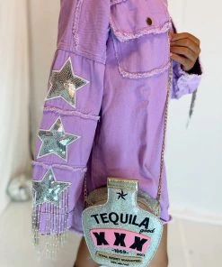 Fantastic Fawn Women's Clothing Purple Sequin Fringe Star Denim Jacket