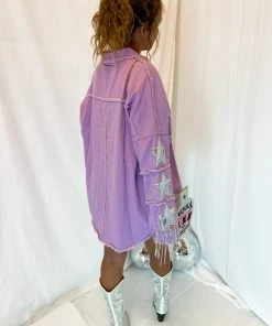 Fantastic Fawn Women's Clothing Purple Sequin Fringe Star Denim Jacket