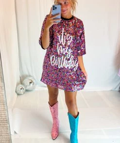 Why Dress It's My Birthday Sequin T-Shirt Dress Women's Clothing