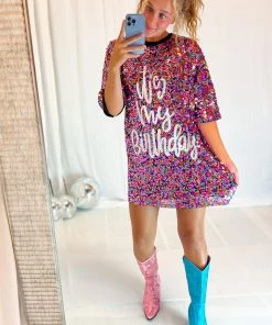 Why Dress It's My Birthday Sequin T-Shirt Dress Women's Clothing