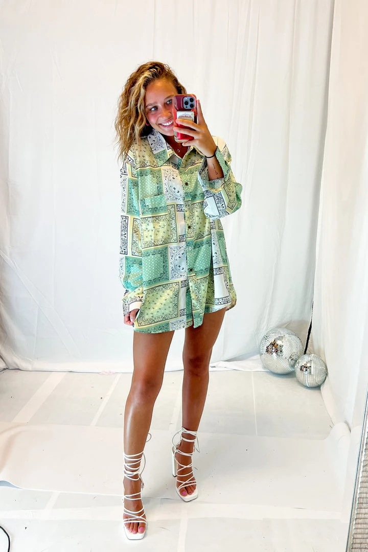 POL Green Paisley Button Down Women's Clothing 3 POL Green Paisley Button Down Women's Clothing