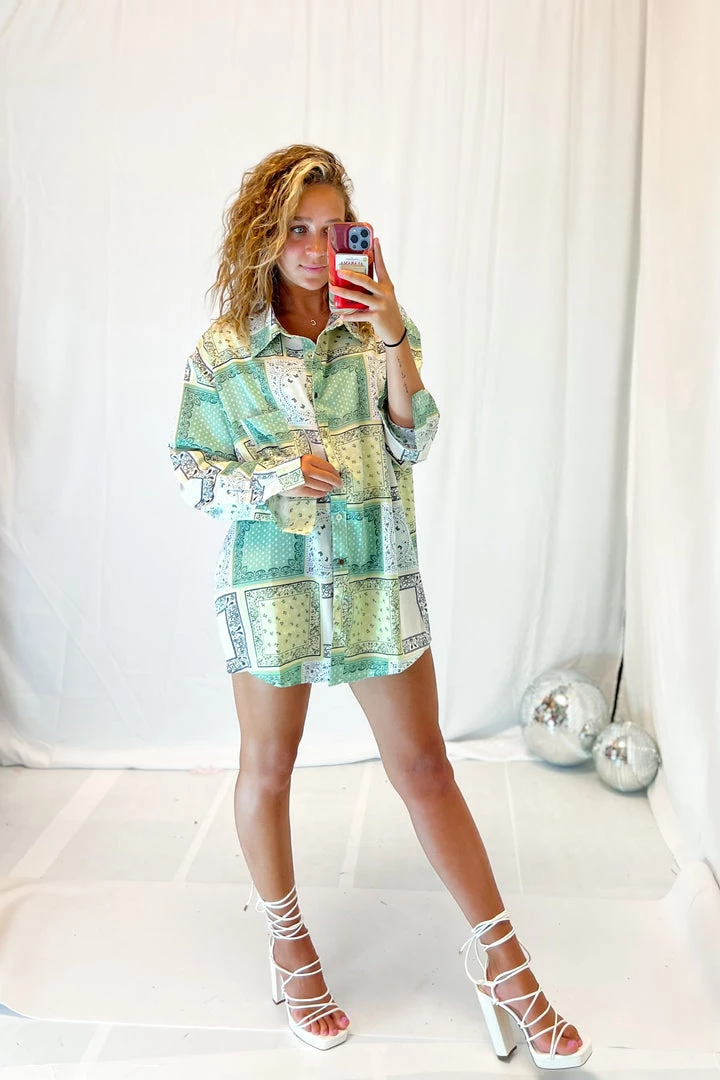 POL Green Paisley Button Down Women's Clothing 5 POL Green Paisley Button Down Women's Clothing