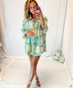 POL Green Paisley Button Down Women's Clothing 9 POL Green Paisley Button Down Women's Clothing