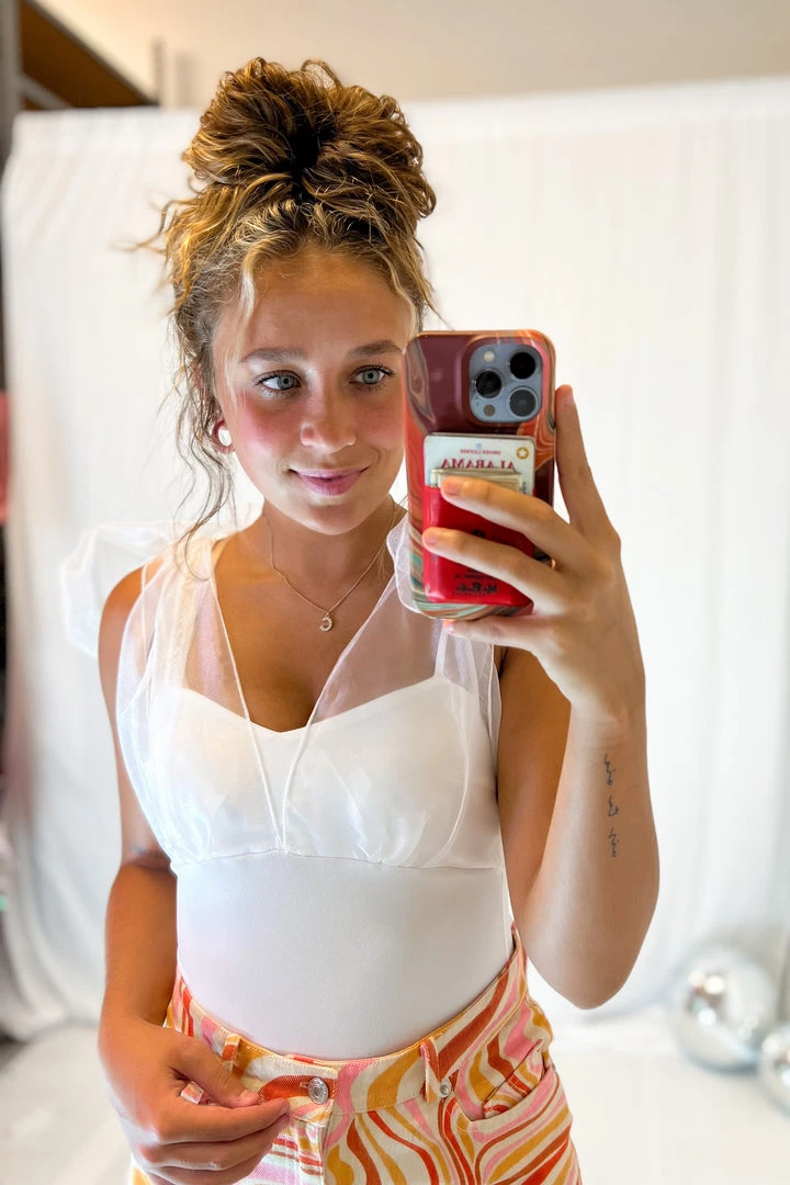 Blue Blush Women's Clothing White Shoulder Tie Bodysuit 4 Blue Blush Women's Clothing White Shoulder Tie Bodysuit