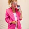 Eesome Hot Pink Animal Print Satin Blazer Jacket Women's Clothing 1 Eesome Hot Pink Animal Print Satin Blazer Jacket Women's Clothing