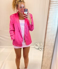 Eesome Hot Pink Animal Print Satin Blazer Jacket Women's Clothing