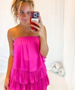 Mustard Seed Hot Pink Strapless Ruffle Romper Women's Clothing