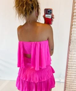 Mustard Seed Hot Pink Strapless Ruffle Romper Women's Clothing