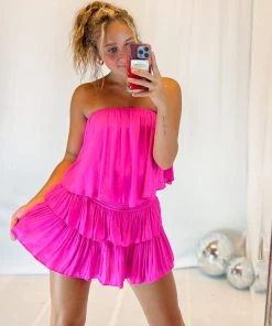 Mustard Seed Hot Pink Strapless Ruffle Romper Women's Clothing