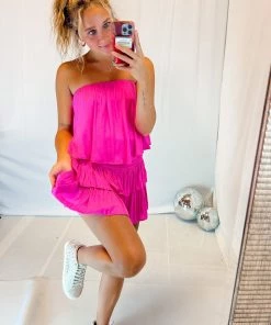 Mustard Seed Hot Pink Strapless Ruffle Romper Women's Clothing