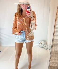 Mittoshop Women's Clothing Rust Paisley Print Button Down Top