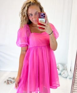 TCEC Women's Clothing Barbie Pink Puff Sleeve Babydoll Dress