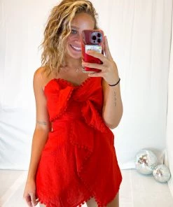 One And Only Collective Women's Clothing Red Strapless Envelope Romper