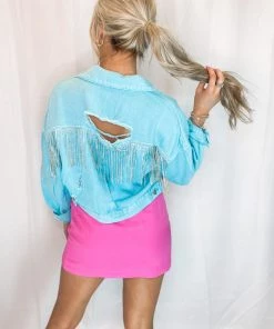 Veveret Women's Clothing Blue Rhinestone Fringe Denim Jacket