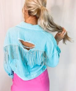 Veveret Women's Clothing Blue Rhinestone Fringe Denim Jacket